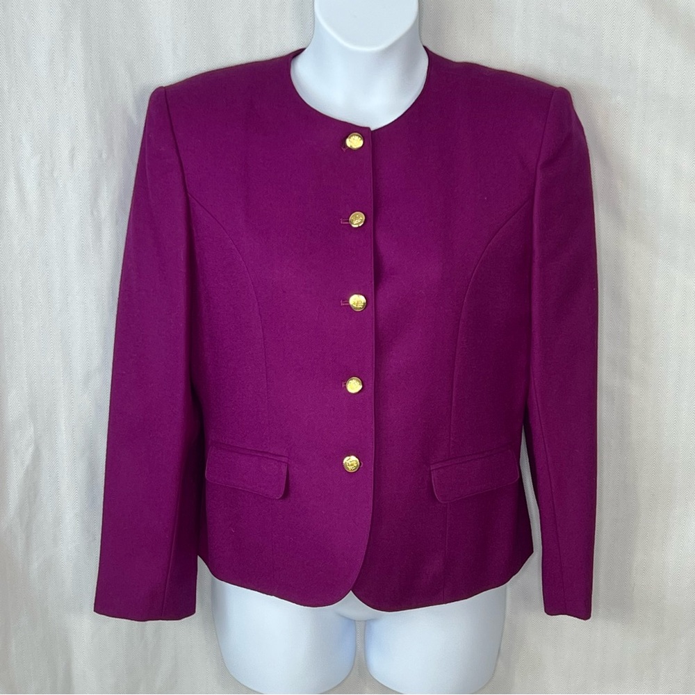 Talbots Vintage Blazer Purple Wool Gold Tone Buttons Lined Padded Shoulders 12👍